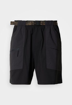 Zwarte shorts van lichtgewicht stof met twee zijzakken, één met rits en een patroonband in de taille voor verstelbaarheid.