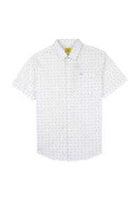 Chemise à manches courtes en tissu blanc avec un motif bleu clair de petites formes. Comprend une poche sur la poitrine et un col classique.