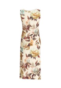 Robe midi sans manches avec grand imprimé floral pastel dans des tons crème, jaune, rose et brun, silhouette cintrée.