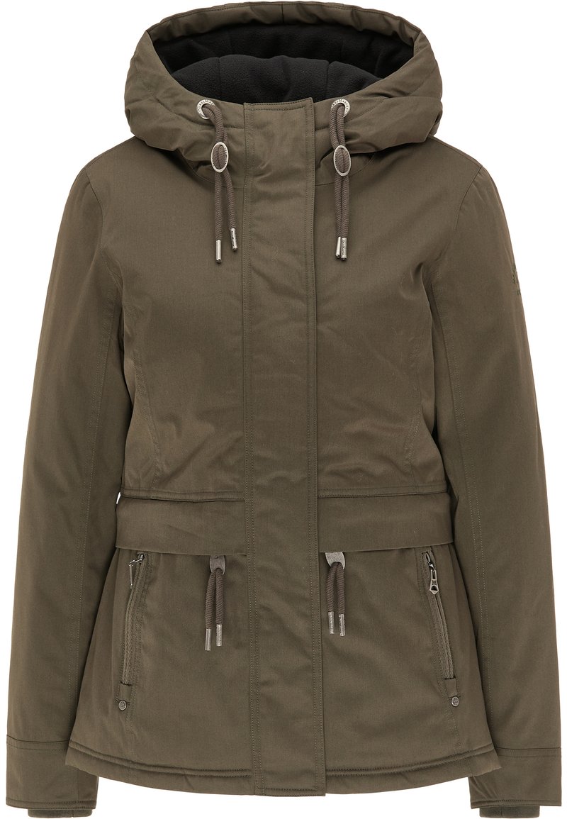 Olivgrüne wasserdichte Jacke mit Kordelzugkapuze, zwei Fronttaschen und verstellbarem Bund. Mit grauen Zippern und einem weichen Innenfutter.