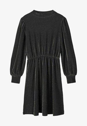 Robe noire à manches longues en tissu pailleté, taille froncée, manches bouffantes et poignets ajustés.