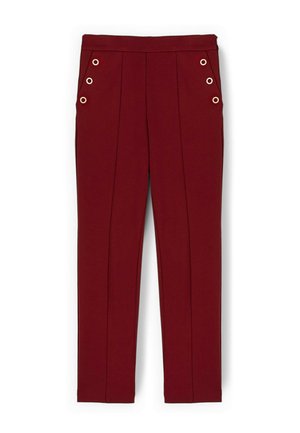 Pantaloni bordeaux con una vestibilità sartoriale, dotati di due tasche frontali con occhielli metallici, design plissettato e gambe affusolate.