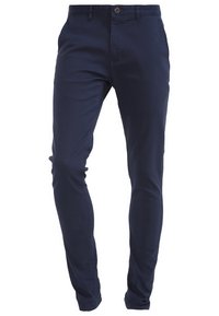 Navy blue slim-fit trousers made of cotton blend fabric, featuring a button closure, front pockets, and a smooth texture.