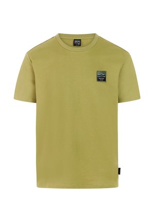 T-shirt a maniche corte in cotone verde oliva con collo rotondo, caratterizzata da un'etichetta sulla tasca sul petto con onde e nome del marchio. Texture liscia.