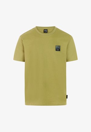 Kortärmad T-shirt in olijfgroen katoen met een ronde hals, voorzien van een borstzaklabel met golven en merknaam. Gladde textuur.