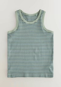 Canottiera leggera senza maniche a righe blu e verdi. Collo rotondo e spalline strette, realizzata in morbido cotone.