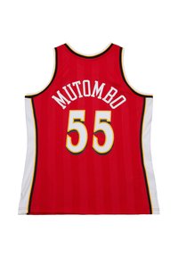 Red basketball jersey with white accents, featuring "MUTOMBO" and the number "55" in white and yellow lettering on the back.