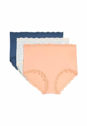 Tres pares de braguitas hipster de algodón: azul marino, azul claro con estampado floral y coral, todas con cinturillas y adornos de encaje.
