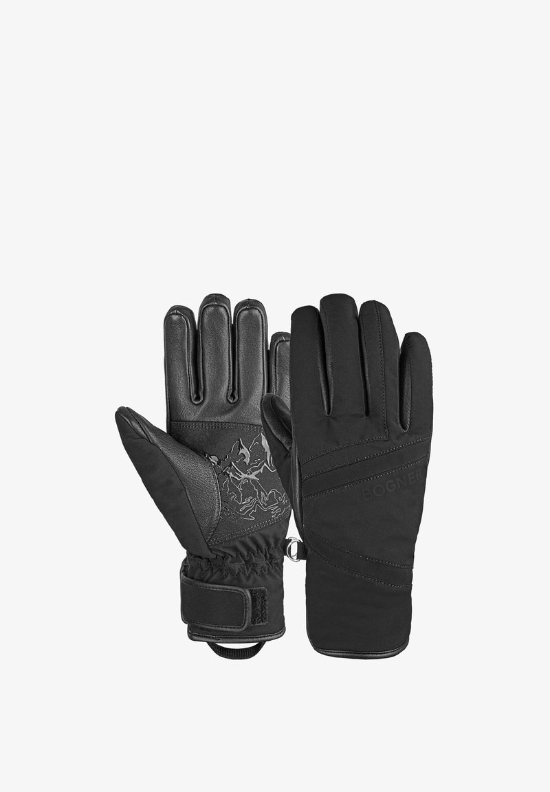 Schwarze Winterhandschuhe mit Lederhandflächen, weichen Textilrückseiten, elastischen Handgelenkbändern und geprägt geprägtem Berg-Detail.