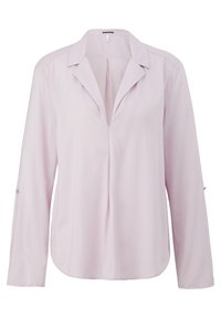 Blusa rosa chiaro con scollo a V, maniche lunghe e fit rilassato. Presenta una leggera lucentezza e un dettaglio con piega centrale sul davanti.