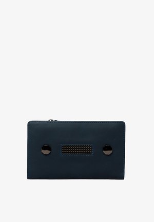 Dark blue leather wallet with a smooth texture, featuring two black hexagonal accents and a mesh detail in the center. Zipper closure.