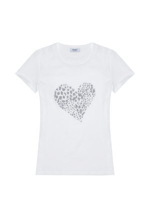 T-shirt blanc à manches courtes avec un motif de cœur constitué de petits points gris, col rond et texture de tissu lisse.