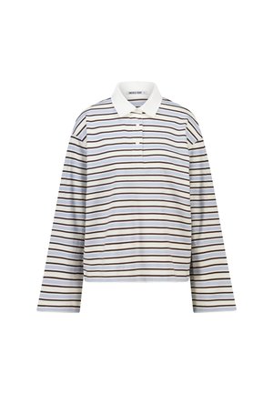 Polo à manches longues avec col, rayé horizontalement en bleu clair et marron, doté d'une patte de boutonnage à l'avant et d'une coupe décontractée. Matière en coton doux.