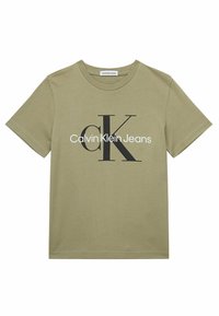 Olivenfarbendes Baumwoll-T-Shirt mit großem schwarzem "CK"-Logo und darunterstehendem Text "Calvin Klein Jeans". Kurze Ärmel und runder Halsausschnitt.