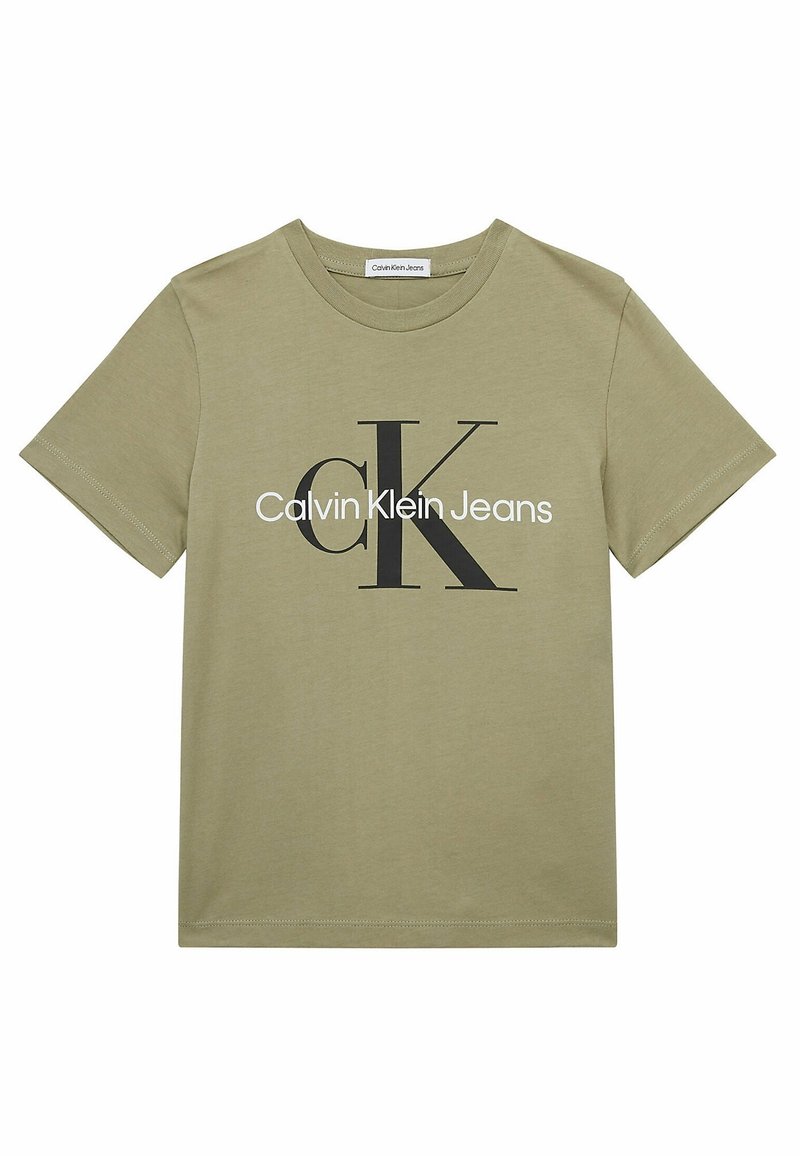 Olivenfarbendes Baumwoll-T-Shirt mit großem schwarzem "CK"-Logo und darunterstehendem Text "Calvin Klein Jeans". Kurze Ärmel und runder Halsausschnitt.