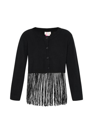 Zwarte cropped cardigan met lange franjes aan de zoom, knoopsluiting en een ronde halslijn. Gemaakt van zachte brei stof.