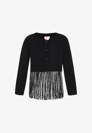 Crna skraćena kardigan jakna s dugim resicama na rubu, dugmetom za zatvaranje i zaobljenim izrezom. Napravljena od mekog pletenog materijala.