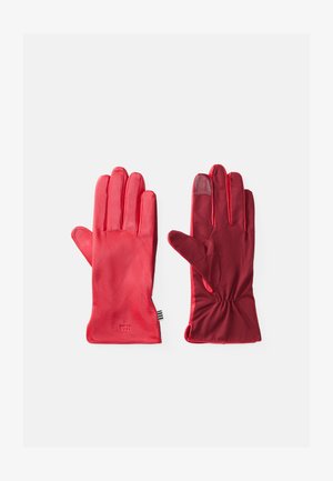 Rote Lederhandschuhe mit einer glatten Textur. Sie verfügen über ein figurbetontes Design, mit Raffung am Handgelenk und kontrastierenden Rottönen.