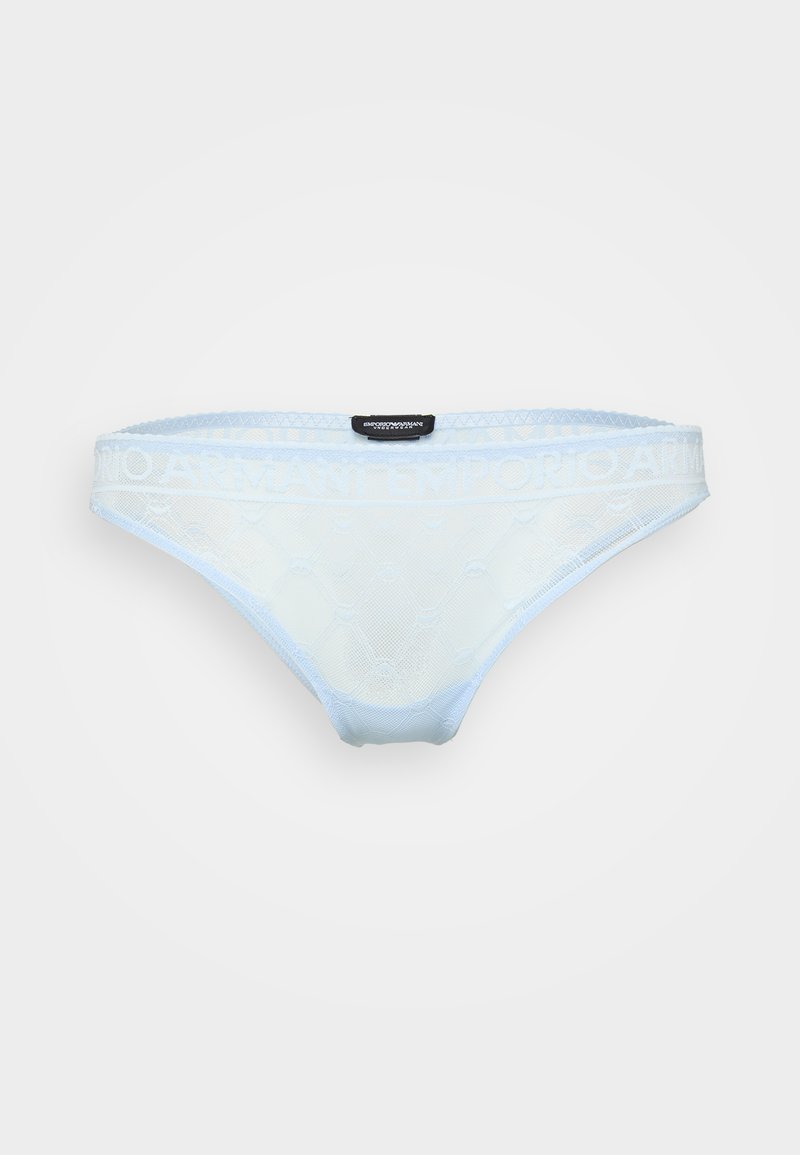 Light blue lace bikini underwear featuring a textured pattern, elastic waistband with white "Emporio Armani" branding, and smooth edges.