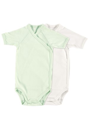 Two short-sleeve bodysuits: one mint green with wrap design and one plain white, made of soft cotton, featuring snap closures at the bottom.