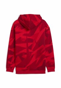 Felpa rossa con cappuccio, caratterizzata da un motivo geometrico astratto in diverse tonalità di rosso, dotata di cappuccio con coulisse e polsini a costine.