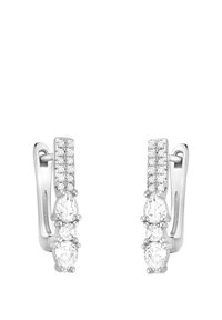 Silverörhängen med tre ovala och runda klara stenar, med en texturerad rektangulär topp och mindre stenar längs låset.