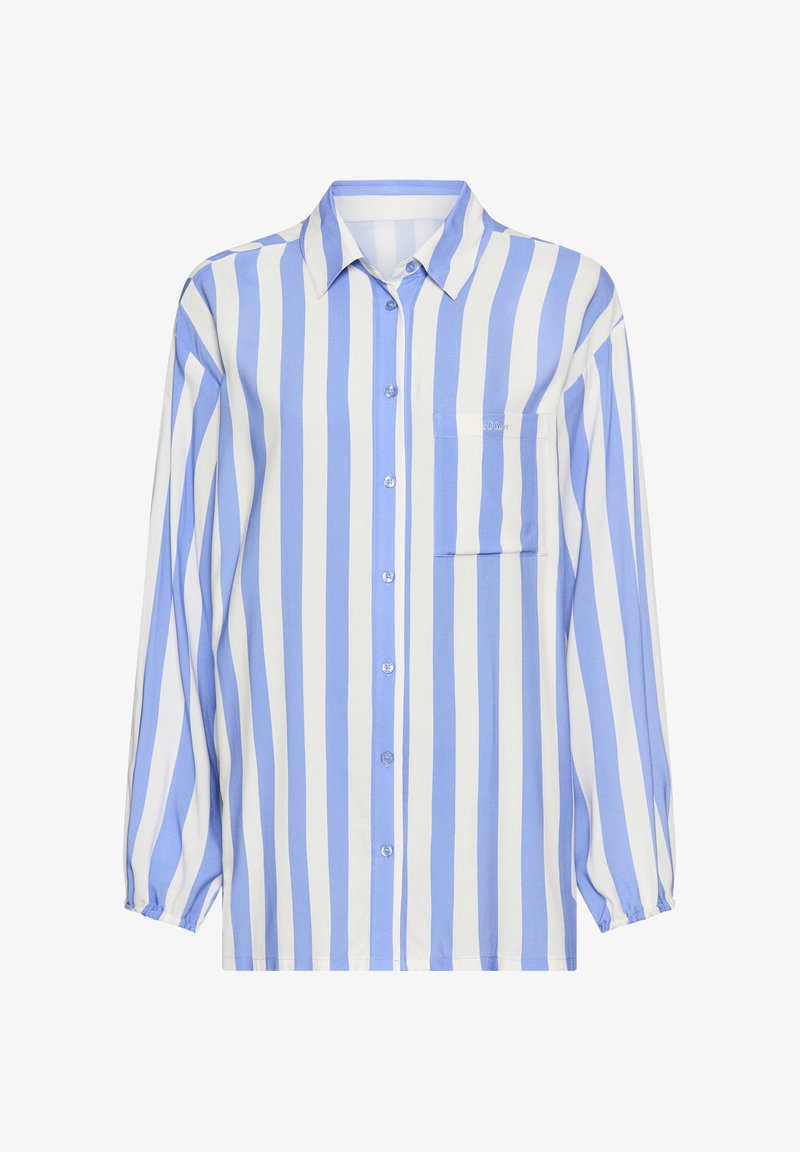 Camicia a maniche lunghe con righe verticali blu e bianche, chiusura frontale con bottoni, collo a camicia, taschino sul petto e polsini elastici.