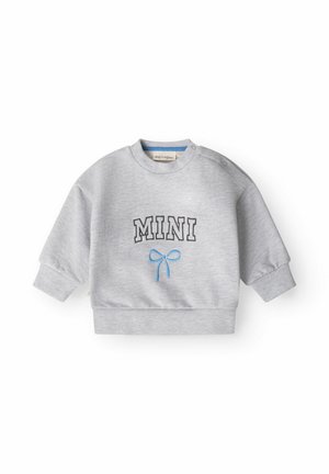 Sweat-shirt bébé gris clair à manches longues, texte "MINI" en noir, avec un petit nœud bleu en dessous du texte.