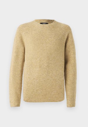 Gelber gerippter Strickpullover mit Rundhalsausschnitt, langen Ärmeln und einer strukturierten Stoffoberfläche. Keine zusätzlichen Muster oder Hardware sichtbar.