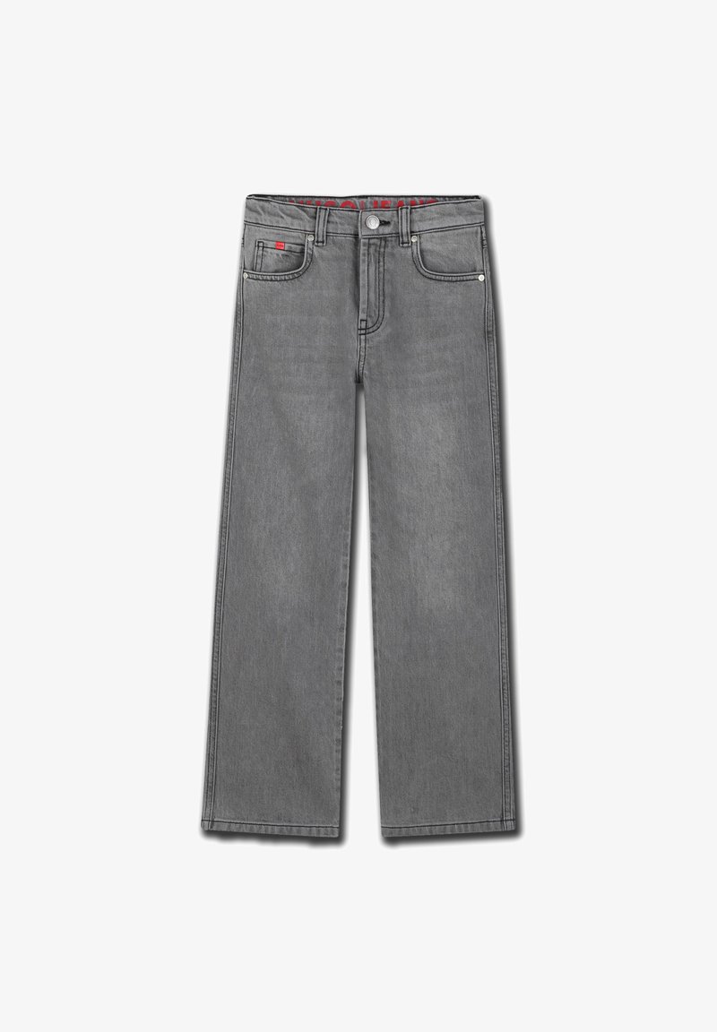 Jeans gris à jambes larges en denim, dotés d'une fermeture à boutons, de deux poches avant et d'un détail de taille rouge contrastant.
