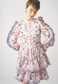 Rosa Blumenkleid mit ausladenden Ärmeln, Spitzenbesatz und mehreren rüschierten Schichten. Mit blauer und roter Stickerei durchzogen. Knopfleiste vorne.