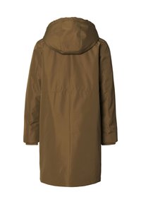 Bruine winterjas met capuchon en lange mouwen, gezien vanaf de achterkant op een witte achtergrond.