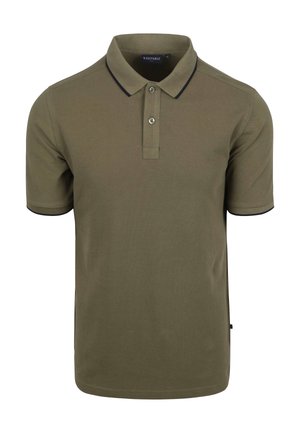 Olijfgroene poloshirt van katoen, met een knoopsluiting met twee knopen, marineblauwe bies op de kraag en mouwen, en een rechte snit.