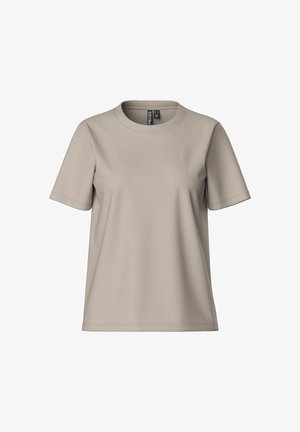 Rövid ujjú bézs póló sima anyagból, kerek nyakkivágással és egyszerű kivitelezéssel, melyek nem tartalmaznak kirívó mintákat vagy részleteket.