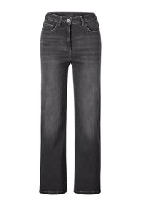 Jean noir à jambe droite en denim, avec une ceinture à boutons, cinq poches et des détails de couture subtils. Texture lisse.