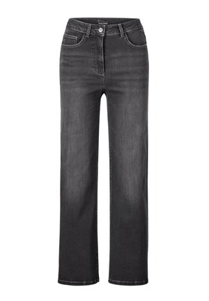 Schwarze gerade Jeans aus Denim, mit einem knöpfbaren Bund, fünf Taschen und dezenten Nähdetails. Glatte Textur.