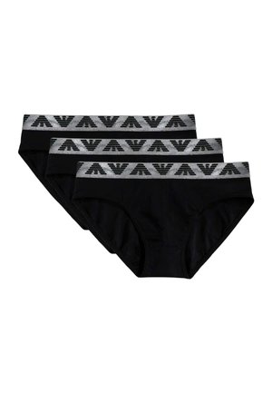 Tre slip da uomo neri con ampie fasce elastiche grigie in vita con motivi geometrici neri ripetuti.