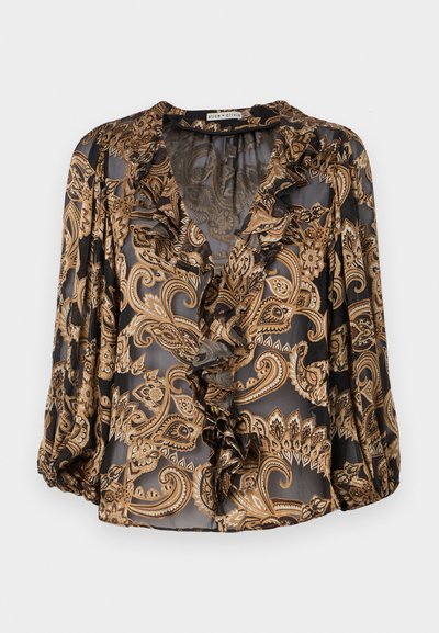 Black and gold paisley blouse with ruffled V-neck, three-quarter sleeves, and a sheer texture, featuring a loose fit and intricate pattern.
