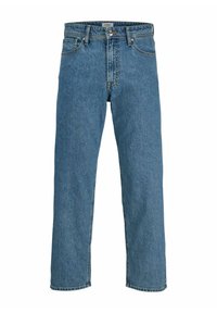 Jean bleu droit avec taille haute, fermeture par boutons, poches avant et passants pour ceinture.