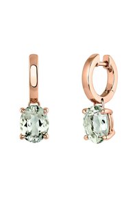 Pendientes de aro en oro rosa que presentan una gema ovalada de un suave tono verde, engastada en cuatro garras, con un acabado pulido y una textura suave.