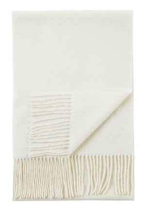 Weiche, off-white Wolldecke mit fransigen Kanten, eine Ecke umgeschlagen, um Struktur und Quasten zu zeigen.