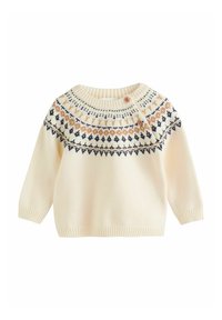 Cremefarvet sweater med rund halsudskæring, lange ærmer og en mønstret yolk med blomster- og geometriske designs i navy, pink og gul.