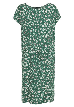 Robe verte à manches courtes avec motif floral blanc et rose et un détail à nouer à la taille devant.