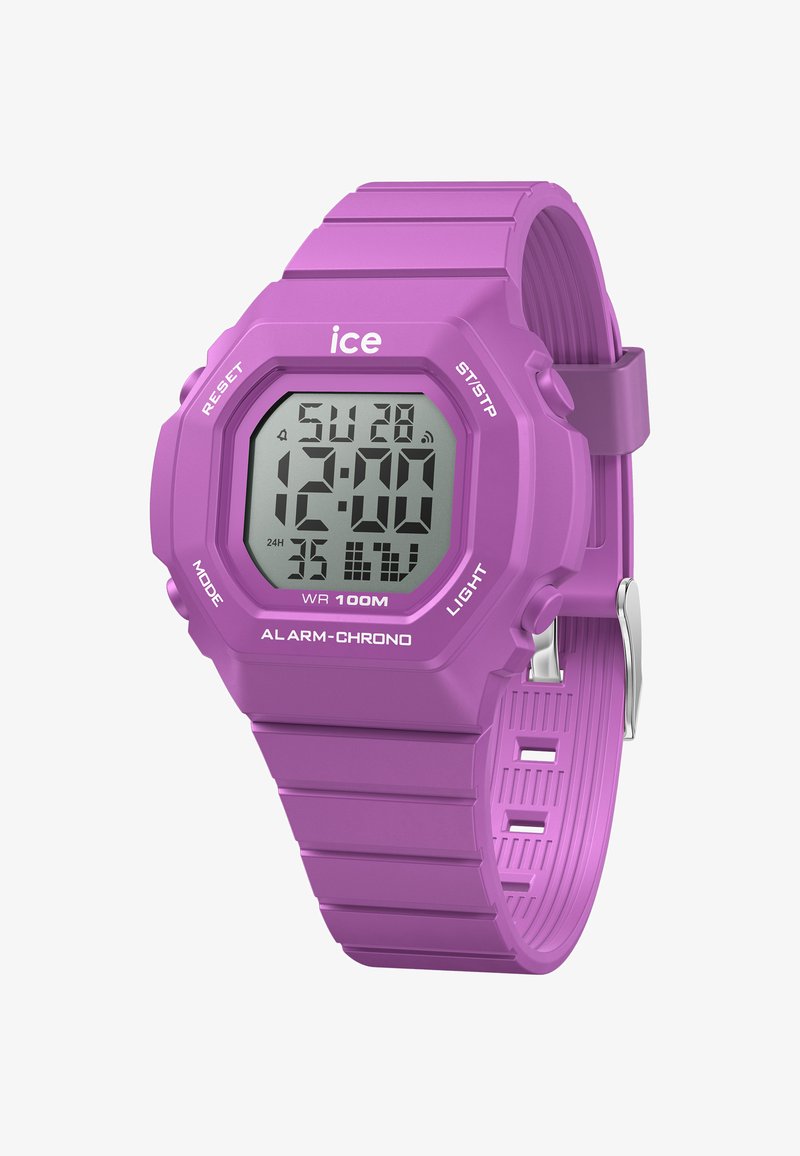 Vijolična digitalna ura s pravokotnim ohišjem, gumijastim paščkom, vodoodporna do 100 metrov, ima funkcije alarma, kronografa in svetlobe.