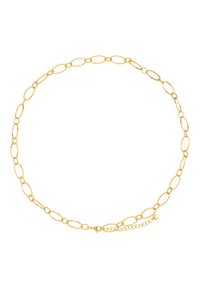 Goldfarbene ovale Gliederkette mit strukturiertem Finish und einem Karabinerverschluss, ausgestattet mit einer verlängerbaren Kette für die einstellbare Länge.