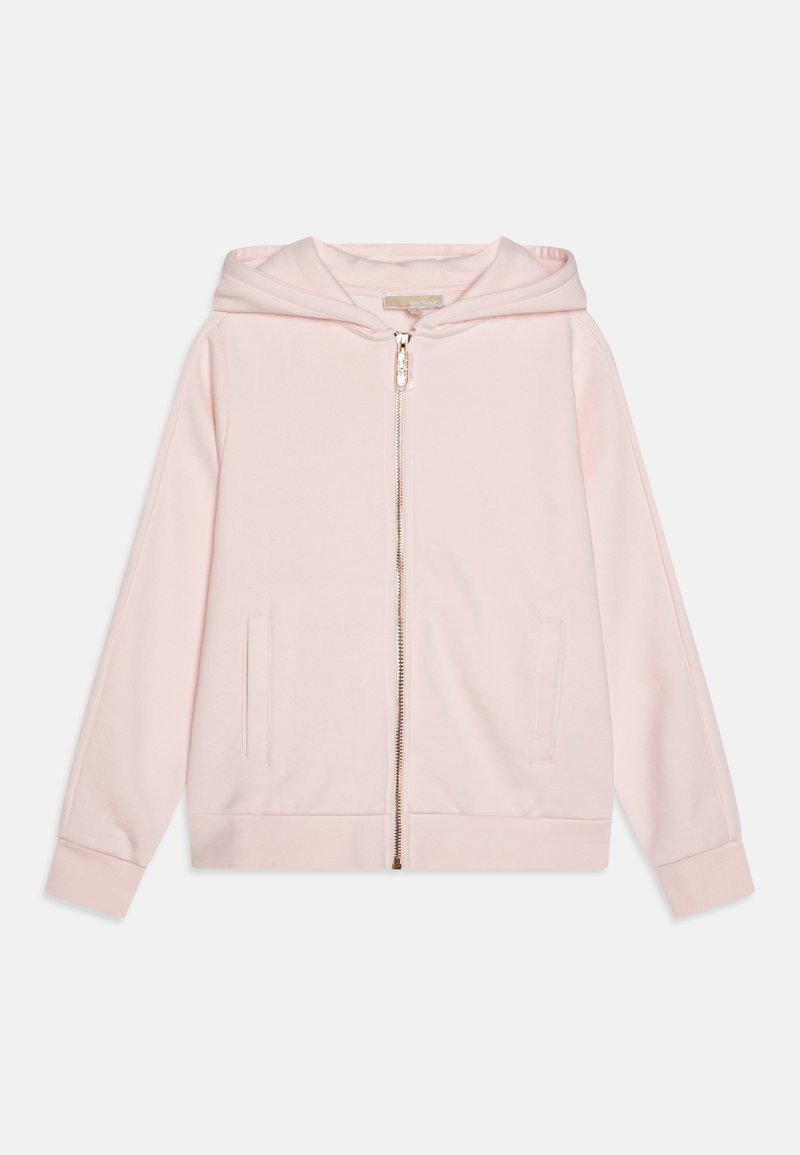 Roza zip-up hoody izrađena od mekog materijala, sa postavljenim kapuljačom, prednjim džepovima i rebrastim manžetama i rubom. Detalji zlatnog tona na patentnom zatvaraču.