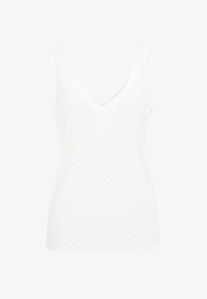 White sleeveless top with a V-neck, featuring a textured herringbone pattern and a fitted silhouette. Lightweight and smooth fabric.