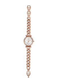 Montre en or rose avec un cadran rond blanc, des chiffres romains, et un bracelet chaîne épais. Présente une finition polie et une fermeture à cliquet.