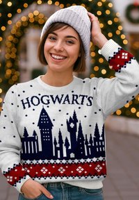 Maglione bianco lavorato a maglia con un design della skyline navy e il testo "HOGWARTS", accentuato da una fascia decorativa rossa e navy al fondo e alle maniche.