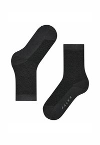 Schwarze Socken mit einem strukturierten, hexagonalen Muster und einem glatten oberen Bündchen. Hergestellt aus einem weichen Material mit einem FALKE-Logo an der Seite.
